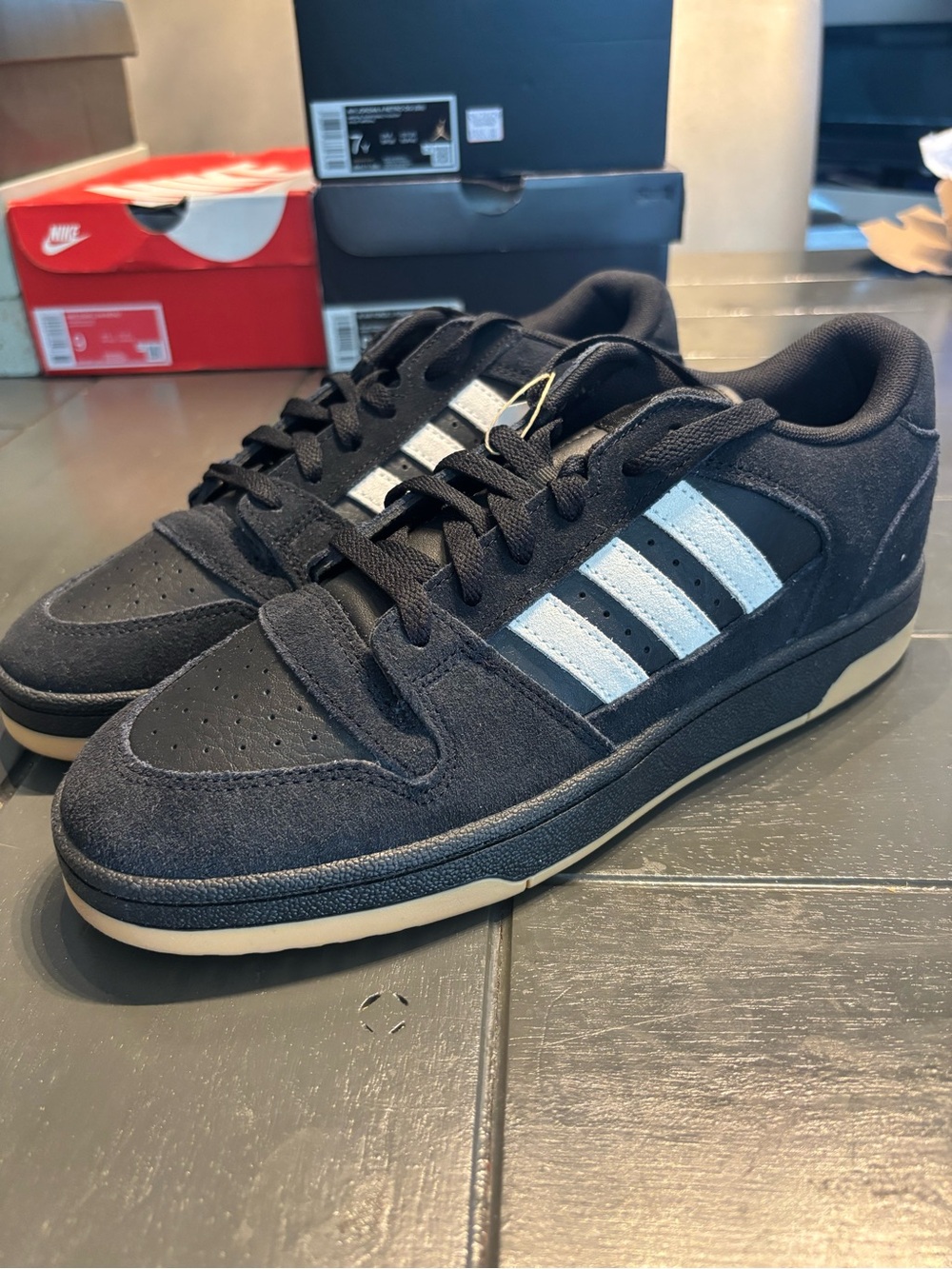 adidas Men’s Black Suede Sneakers with White Three Stripes